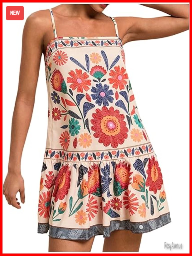 Boho Flowy Mini Cami Dress Ruffle Hem Spaghetti Strap Sleeveless Vacation Tank